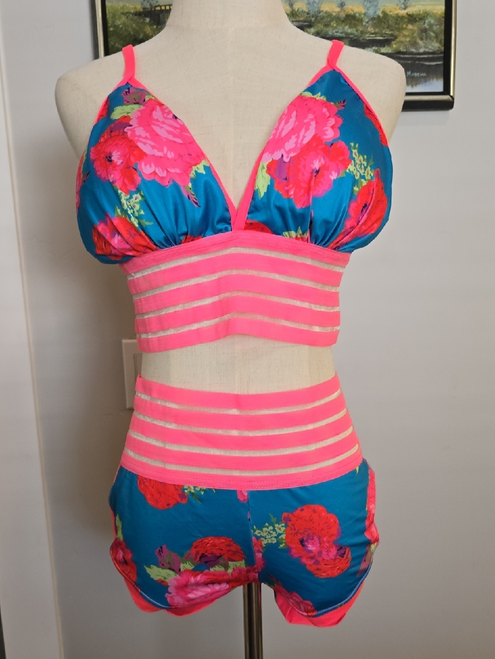 Floral Neon Pink & Teal Two-Piece Bikini Set
